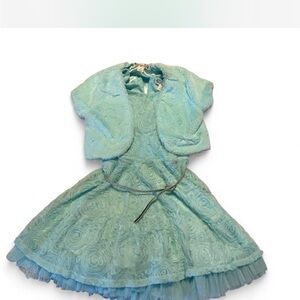 Periwinkle rosette dress with ruffle petticoat matching satin fluffy jacket